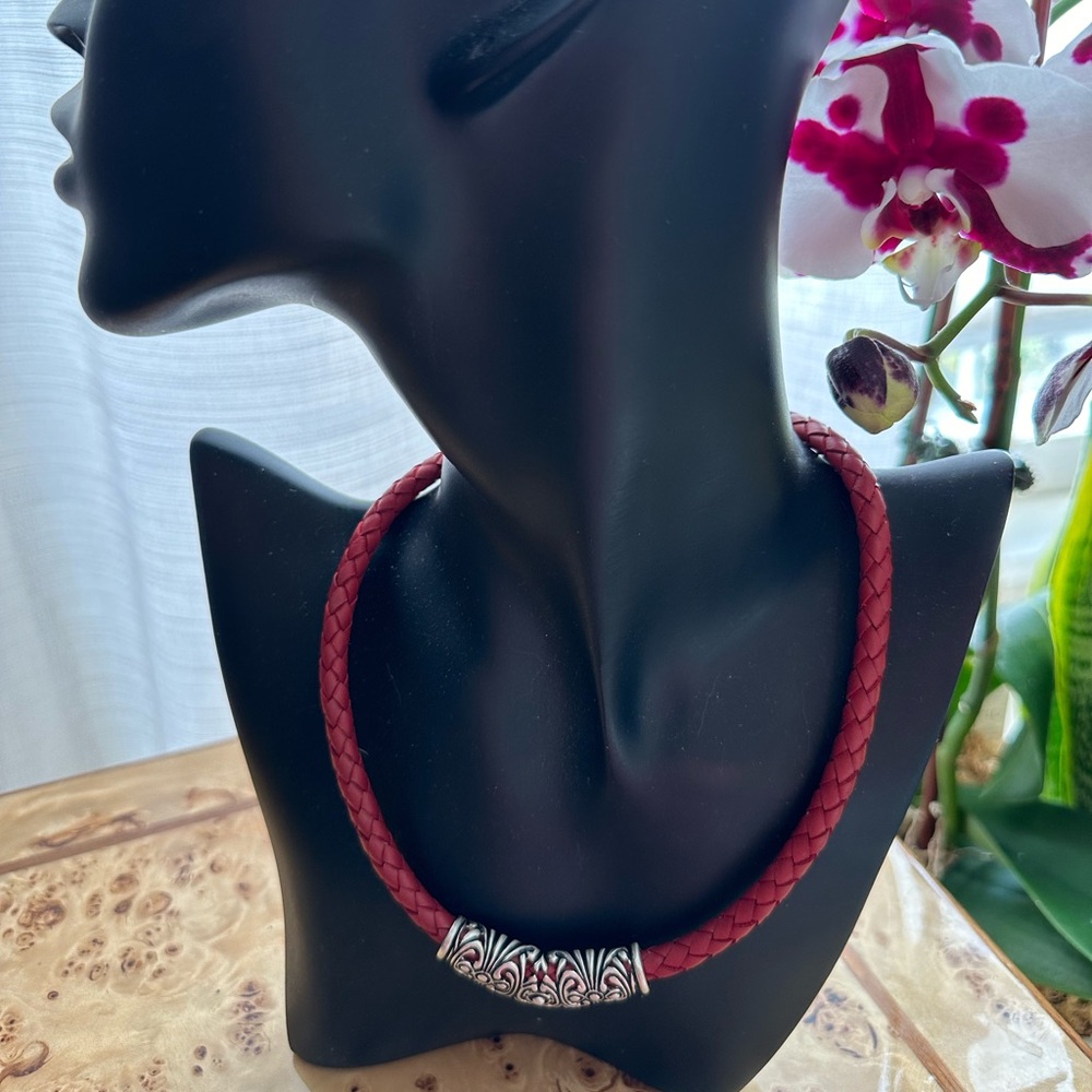 Joseph Esposito Ornate Filagree Sterling Silver w Red Braided Leather Necklace